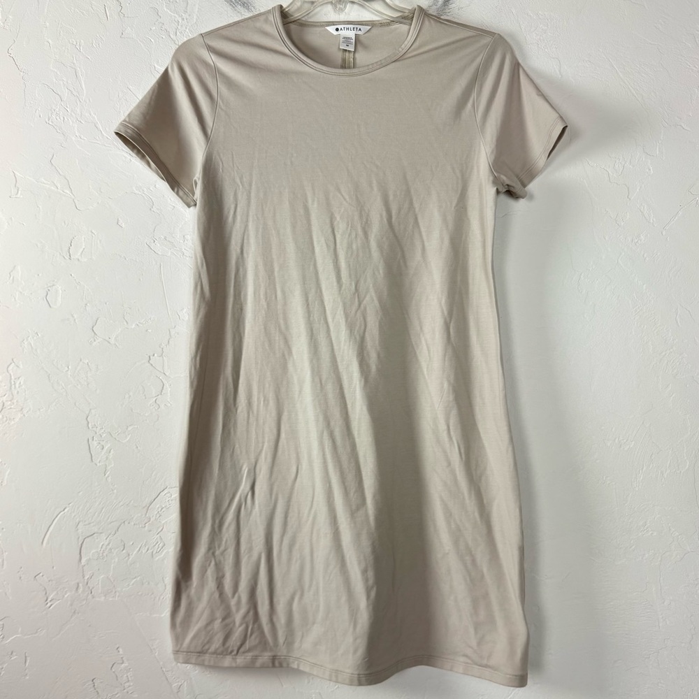 Athleta Dress Essential Tee Shirt Solid Tan Beige Cream Ecru Crew Neck Cotton‎